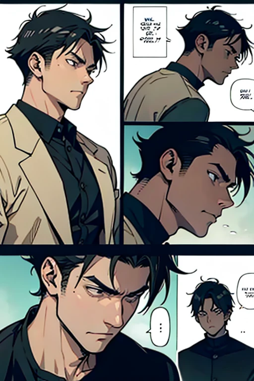 Guy with short black hair very tired, manga page with panels and dialogue