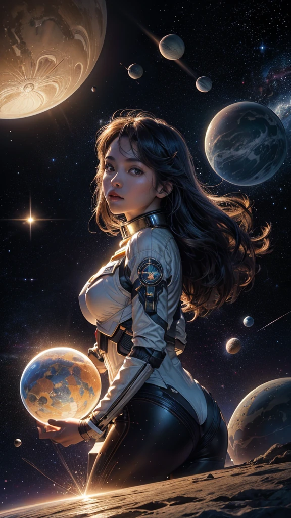 (Best Quality,4K,8K,High resolution,masterpiece:1.2),Super detailed,(Realist,fotorRealist,fotorRealist:1.37),planet art,solar system,Night Sky,Shining Star,Wonders of the Universe,Celestial Bodies,moving planet,Orbiting planets,Space Exploration,astronomy,Interstellar travel,exoplanet,Alien World,distant galaxy,nebula,star nursery,Starburst,Milky Way Galaxy,Intergalactic Journey,Space dust,space-time continuum,Dark matter,reveal the universe,Infinite beauty,Celestial Bodies写真,Galactic Adventures,Mysterious Universe,Cosmic Energy,explore the unknown,constellation,Celestial Bodies航法,Stellar Dynamics,Deep Space Exploration,Space Landscape,Astronaut's perspective,The vast universe,Wonderful landscape,Distant Horizon,Bright space,pulsating star,Space Ballet,Moonscape,vision of another world,Mysterious space,fascinating cosmos,An ever-expanding universe,Colorful Northern Lights