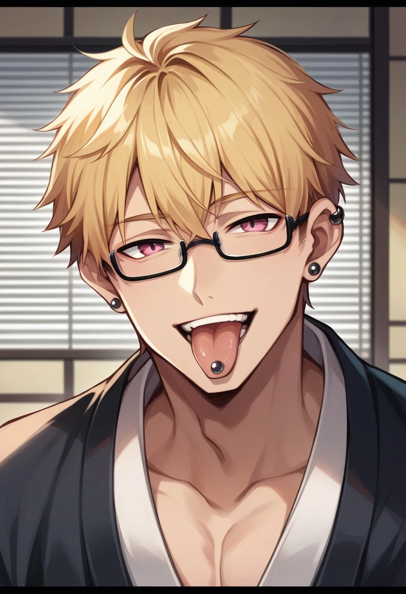 solo, looking at viewer, smile, short hair, open mouth, bangs, blonde hair, 1boy, jewelry, upper body, male focus, earrings, japanese clothes, glasses, teeth, tongue, indoors, tongue out, pink eyes, kimono, piercing, letterboxed, ear piercing, black kimono, tongue piercing, blinds Hair salon,