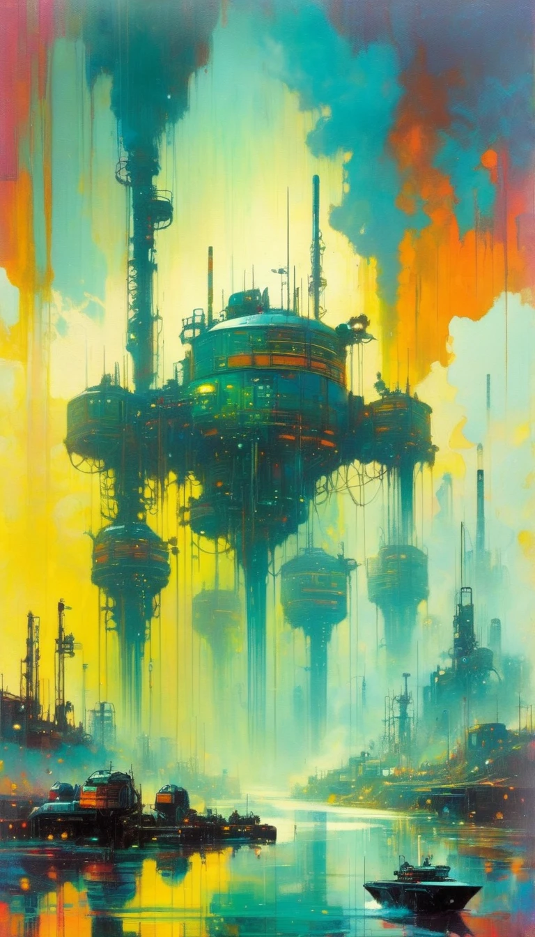 futuristic world, polluted world, robotic world, polluted water, polluted sky colors, industry, pollution, large landscape,,(art inspired by Bill Sienkiewicz ). oil painting)
