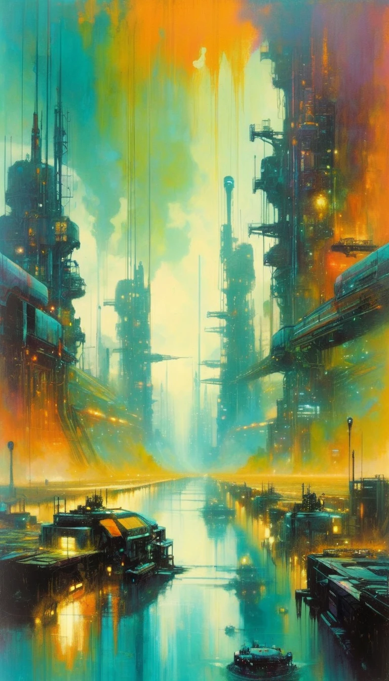 futuristic world, polluted world, robotic world, polluted water, polluted sky colors, industry, pollution, large landscape,,(art inspired by Bill Sienkiewicz ). oil painting)

