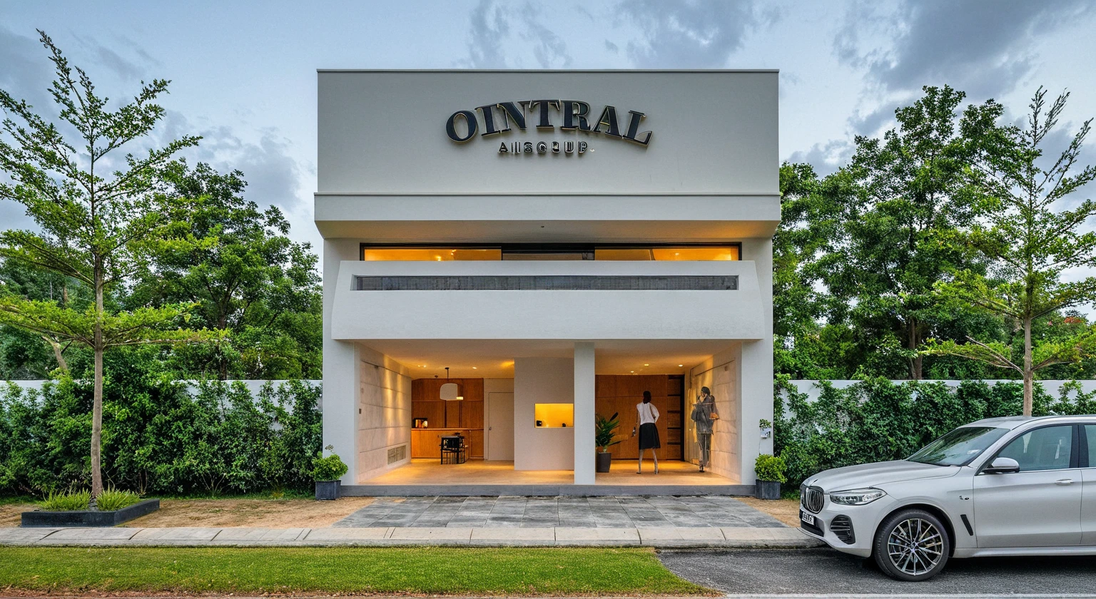 Masterpiece, high quality, best quality, authentic, super detail, outdoors, onestoreyvillaXL, aiaigroup, house style modern on the street ,stairs, white wall ,road,pavement, grass, trees, sky, cloud, (daylight:1.1)