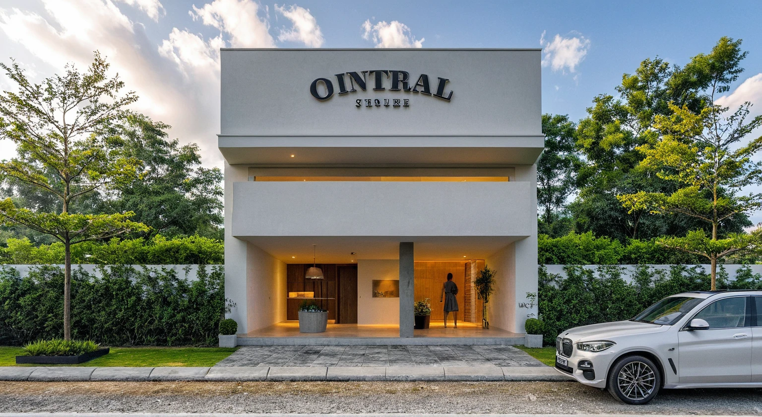 Masterpiece, high quality, best quality, authentic, super detail, outdoors, onestoreyvillaXL, aiaigroup, house style modern on the street ,stairs, white wall ,road,pavement, grass, trees, sky, cloud, (daylight:1.1)
