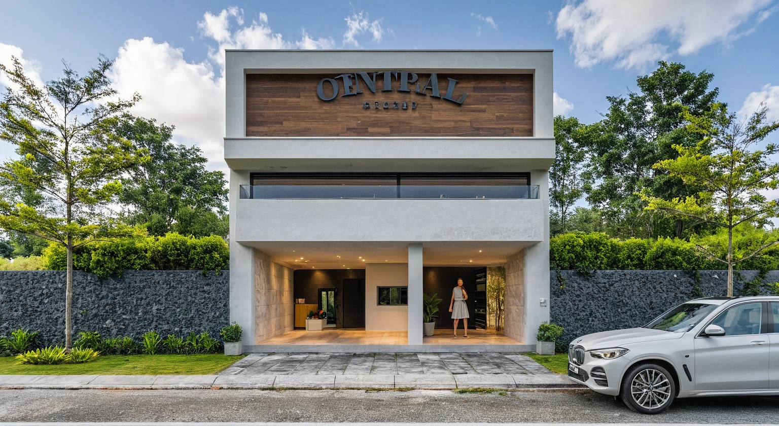 Masterpiece, high quality, best quality, authentic, super detail, outdoors, onestoreyvillaXL, aiaigroup, house style modern on the street ,stairs, white wall ,road,pavement, grass, trees, sky, cloud, (daylight:1.1)