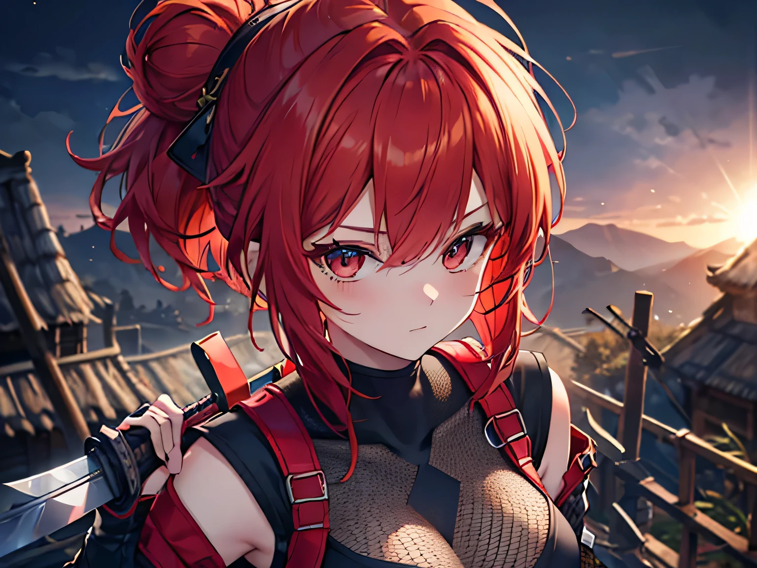 red hair, hair bun, tokin hat, backlighting, from above, high details, textured skin, ((super detail)), (masterpiece), highres, best quality, Female ninja, ninja costume, mesh chest, (holding a short sword), late night, background(abandoned village)