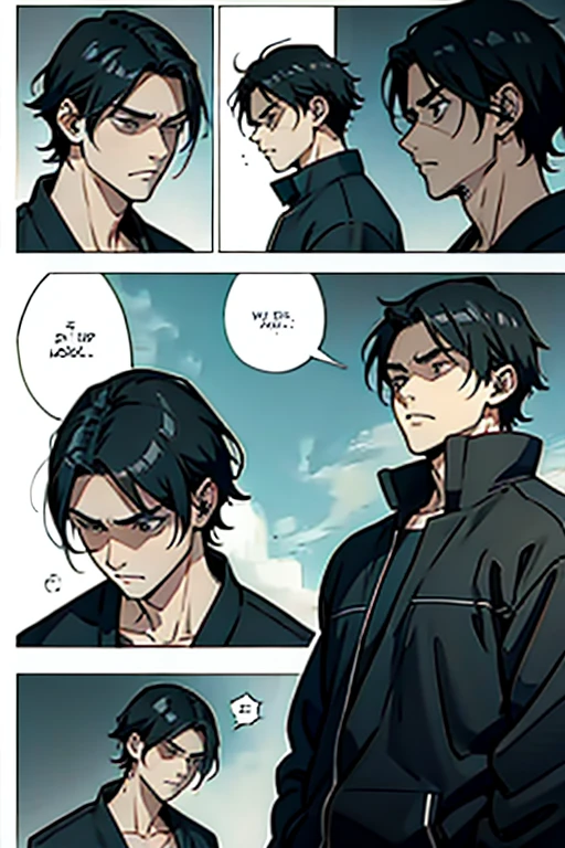  Guy with short black hair very depressed, manga page with panels and dialogue    