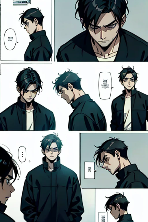 Guy with short black hair very depressed, manga page with panels and dialogue