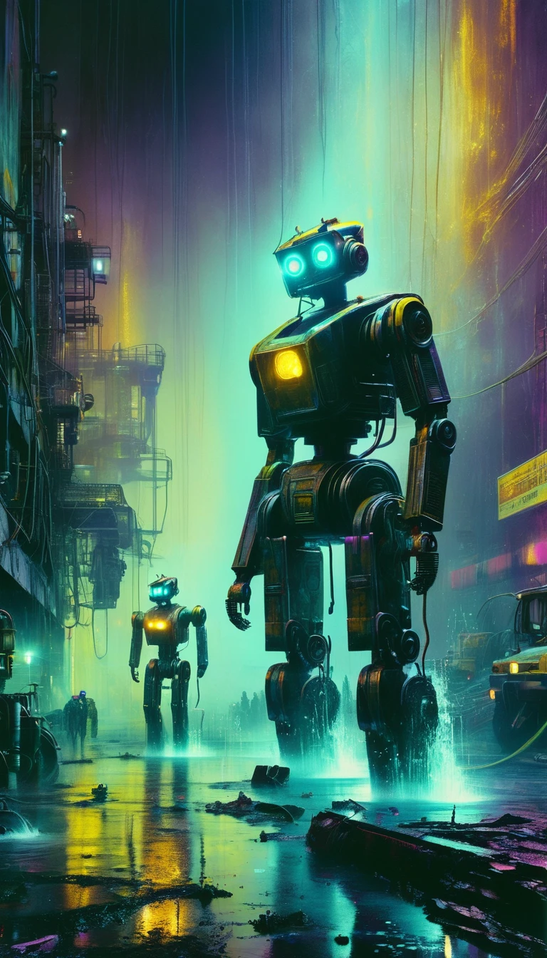 a futuristic polluted world, robotic figures, decaying industrial landscape, glowing polluted water, dystopian sky colors, atmospheric lighting, (best quality,4k,8k,highres,masterpiece:1.2),ultra-detailed,(realistic,photorealistic,photo-realistic:1.37),oil painting, cinematic, surreal, dark, gritty, moody, dramatic, muted colors, chiaroscuro lighting, inspired by Bill Sienkiewicz