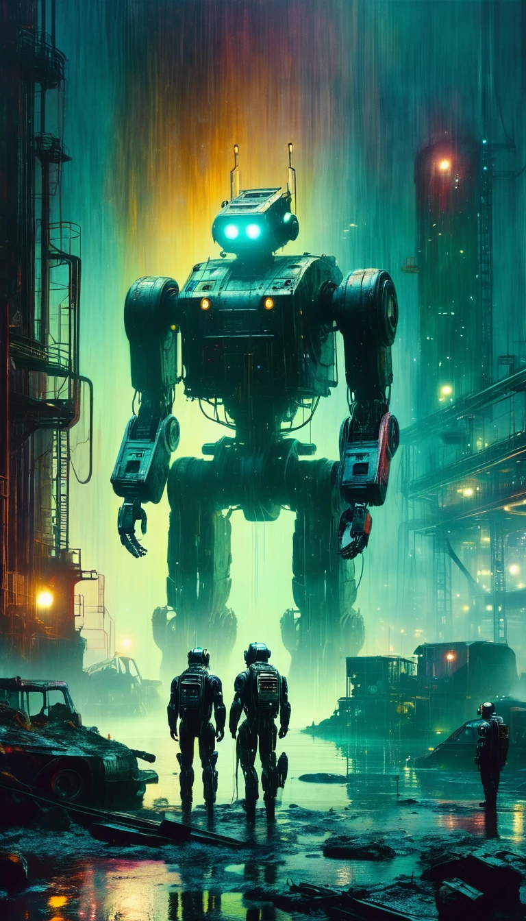 a futuristic polluted world, robotic figures, decaying industrial landscape, glowing polluted water, dystopian sky colors, atmospheric lighting, (best quality,4k,8k,highres,masterpiece:1.2),ultra-detailed,(realistic,photorealistic,photo-realistic:1.37),oil painting, cinematic, surreal, dark, gritty, moody, dramatic, muted colors, chiaroscuro lighting, inspired by Bill Sienkiewicz