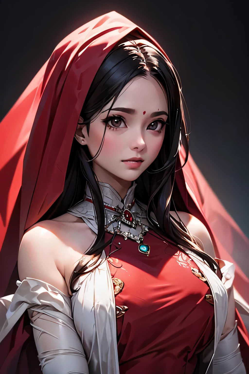 a chubby elegant woman in a red veil covering her eyes, fingers on her lips, long red nails, black background, photo-realistic, high quality, intricate details, oil painting, dramatic lighting, muted colors, mysterious atmosphere