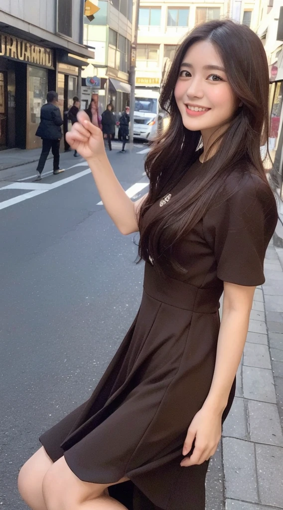 Yumikanok,((Best quality, 8k, Masterpiece :1.3)), 1girl, smiling, full body, slim face, Pretty woman, (Dark brown hair), full length dress :1.1, Ultra-detailed face, Detailed eyes, Double eyelid, blur background, slim face, city, outside, street,