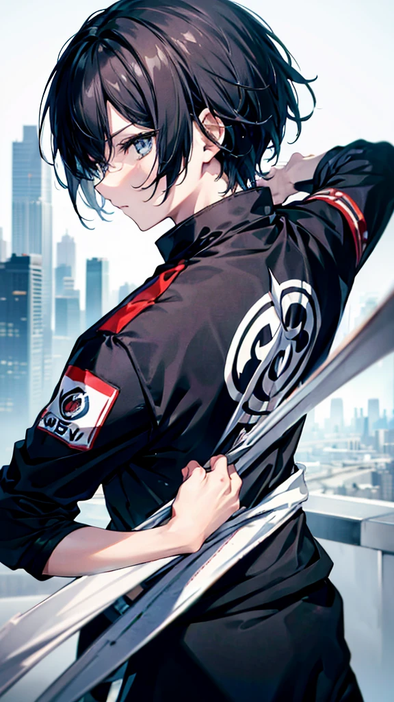 profile background, anime boy, serious face, black hair, grey eyes, martial arts clothing, high-res portrait, detailed eyes and face, character, fantasy, advanced urban, looking from behind at viewer, 4K, high resolution