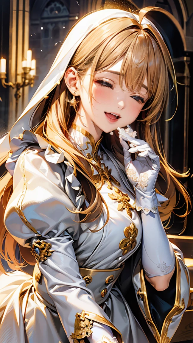 In front of the majestic church altar、（Blurred Background）、Bright light、golden long hair girl、classic white wedding dress、（Elegant luster）、（Lots of races）、Lots of ribbons、((Voluminous puff sleeves))、Long cuffs with lots of buttons、Gold embroidery、Long train、White embroidered gloves、Five Fingers、(Sexual climax), Redness on the cheeks, ((Cum in mouth:1.8)), 