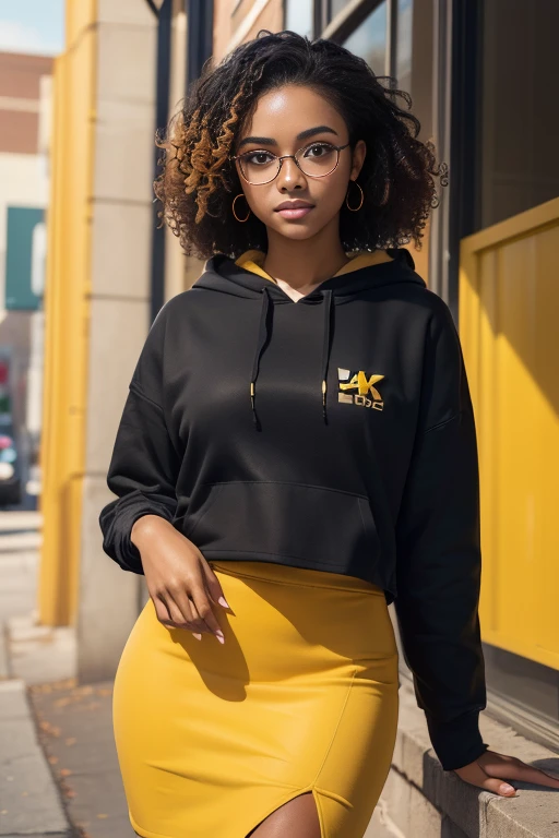 (best quality,4k,8k,highres,masterpiece:1.2),ultra-detailed,(realistic,photorealistic,photo-realistic:1.37), female 20 year old college student, tan-bronze skin with thin layer of freckles, long black hair with orange highlights, curly hair, amber colored eyes, (Wearing a yellow hoodie, black pencil skirt, glasses)