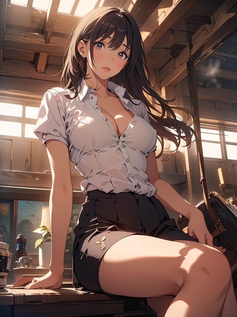 photorealism, highest quality, ultra high resolution, photograph, 絶妙にbeautifulphotograph, extraordinary beauty, glossy cheeks, perfect body, Biologically accurate, かわいくてbeautiful顔の細部, (face to face _V1: 0.008), beautiful前髪, shining white skin, Between the eyebrows, beautiful艶髪, smooth hair, thin hair, high resolution eyes, beautiful, bright and transparent, Big eyes that shine charmingly, eyeliner, double eyelid, beautiful feet, cowboy shot:1. 3, (From the side:1.2), decent woman, 28 years old, 1 person, (enchanting smile:1.2), ((innocent and cute girl:1.3)), (Glossy straight long hair), (light brown hair:1. 2), (oversized sweatshirt), Wellington Glasses, (Cute plaid skirt), ((very close relationship:1.2)), (big breasts:1.3), ((carrying a small brown leather backpack)), ((book store)), embarrassed look, ((Stand in front of a bookshelf)),