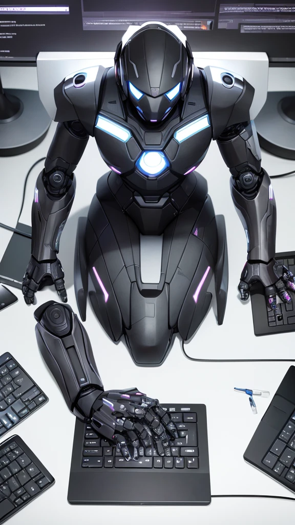 Black robot sitting on the floor typing on a computer looking at the computer screen