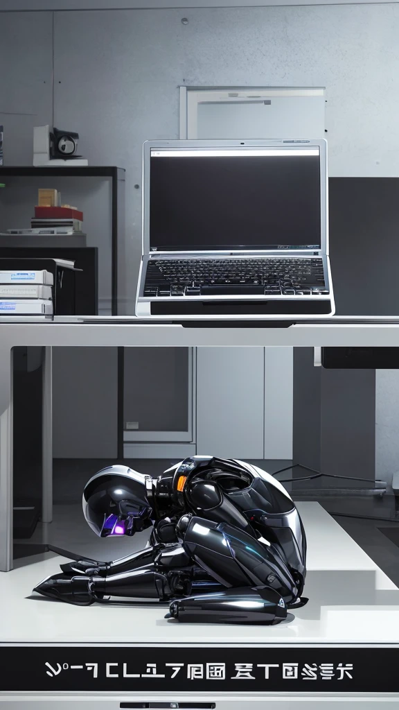 Black robot sitting on the floor typing on a computer looking at the computer screen 