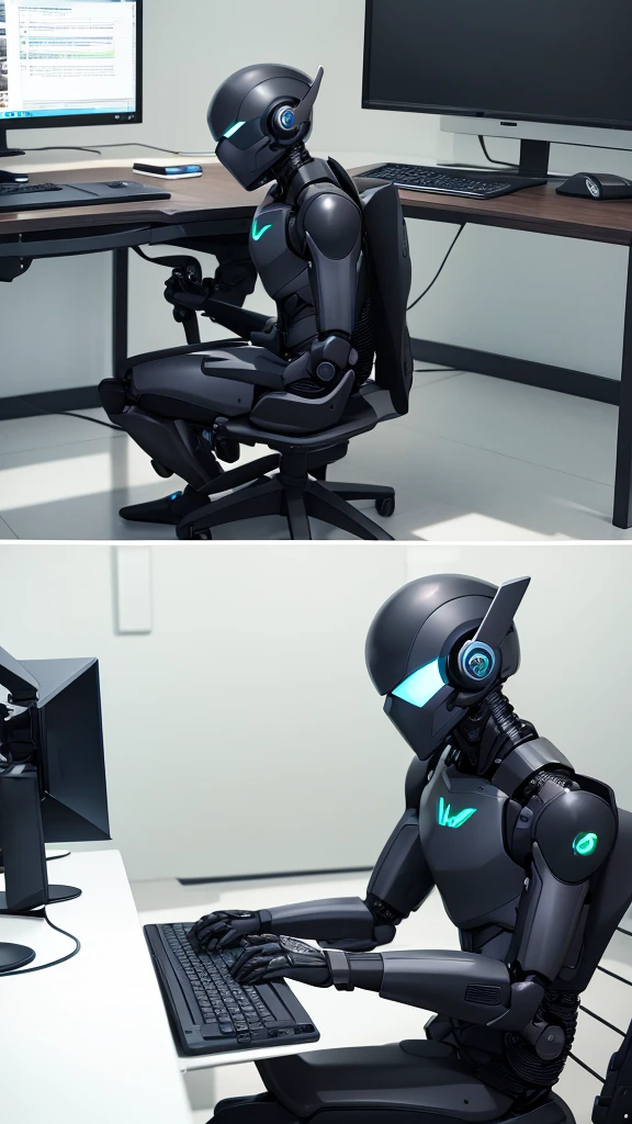 Black robot sitting on the floor typing on a computer looking at the computer screen