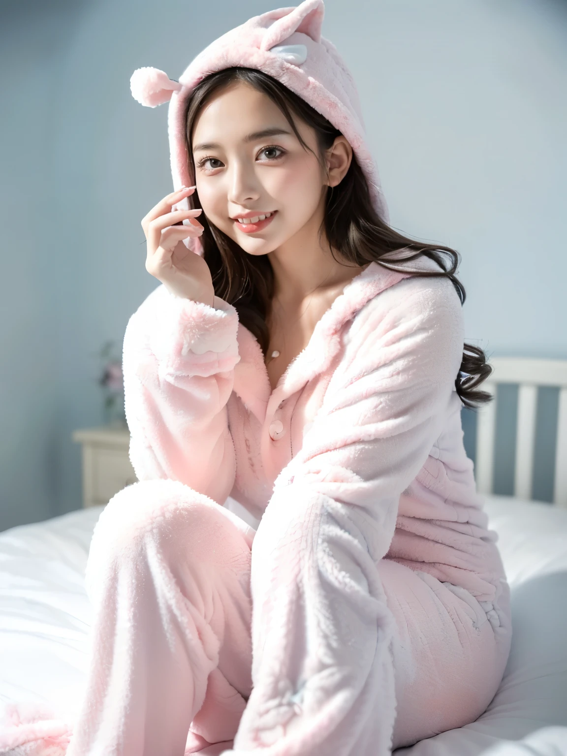 (((Japan and half Spanish beauty,Too big size for her,Parker Pajamas,The hood is down.,Mokomoko thick pajamas,Very chunky pajamas,Chunky blanket pajamas,White, light blue and pink pajamas,white, shuicolor,Fur pajamas,Pajamas in the middle of winter,Chunky fluffy,Light blue and pink pajamas,White pajamas, White, light blue and pink stripes,Cute pajamas in pastel colors,Chunky brushed back,fluffly,Soft breasts,Colossal tits,Breast bulge,Warm pajamas in Moco Moco,Sitting on a bed in a room,Pretty Girls Room,Perfectly recreate the girl's room))),((Perfect makeup,long eyelashes,Glitter powder on the face,Oversized pajamas,Cotton pajamas,Looking at the camera,Red cheeks,Biggest smile,Phenomenally cute face,de pele branca,glistning skin,Clean teeth,perfect teeth,White teeth,finerly detailed face,Quality and beautiful face,Clear and beautiful face,Perfect smile,Perfect fingers,Perfect hands,Accurate 5 fingers,high-definition RAW color photography, professional photograpy, extremely delicate and beautiful, Extremely detailed,finely detail, Huge file size,Top image quality,8K,Photos taken with a single-lens reflex camera))