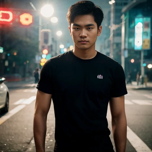 Close-up of a Southeast Asian man with a round face., black eyes, staring at the viewer, morning sun, ((face details)), Double eyelids, realistic, Masterpiece, Highest quality, lens flare, shade, [[Chromatic aberration, digital painting, 8K, 45,000,000,000 pixels,, t-shirt, long hair,black eyes,abdominal muscles, The body is beautiful and strong., digital painting, HDR, high contrast