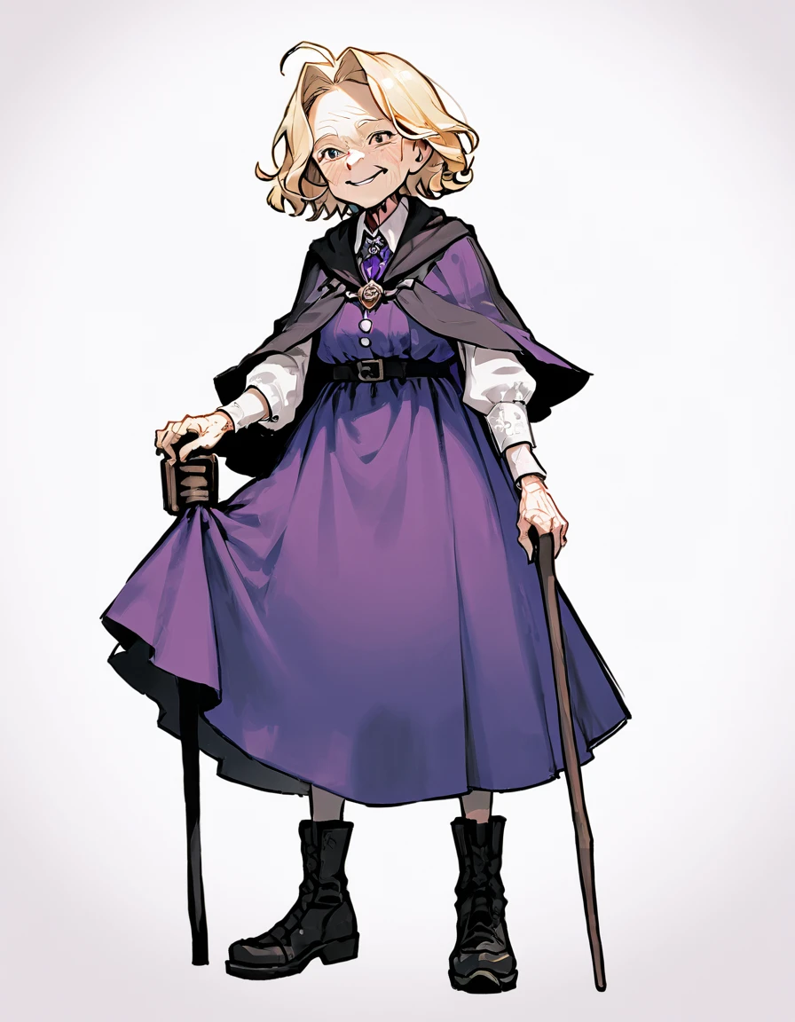 score_9, score_8_up, score_7_up,score_6_up, score_5_up, score_4_up,
BREAK
solo, purple dress, black boots,standing, elderly, old, old woman,cloak, cane, 
simple background, 
 blonde hair, elderly, smile, old, old woman,wrinkles,elderly
 Expressiveh,