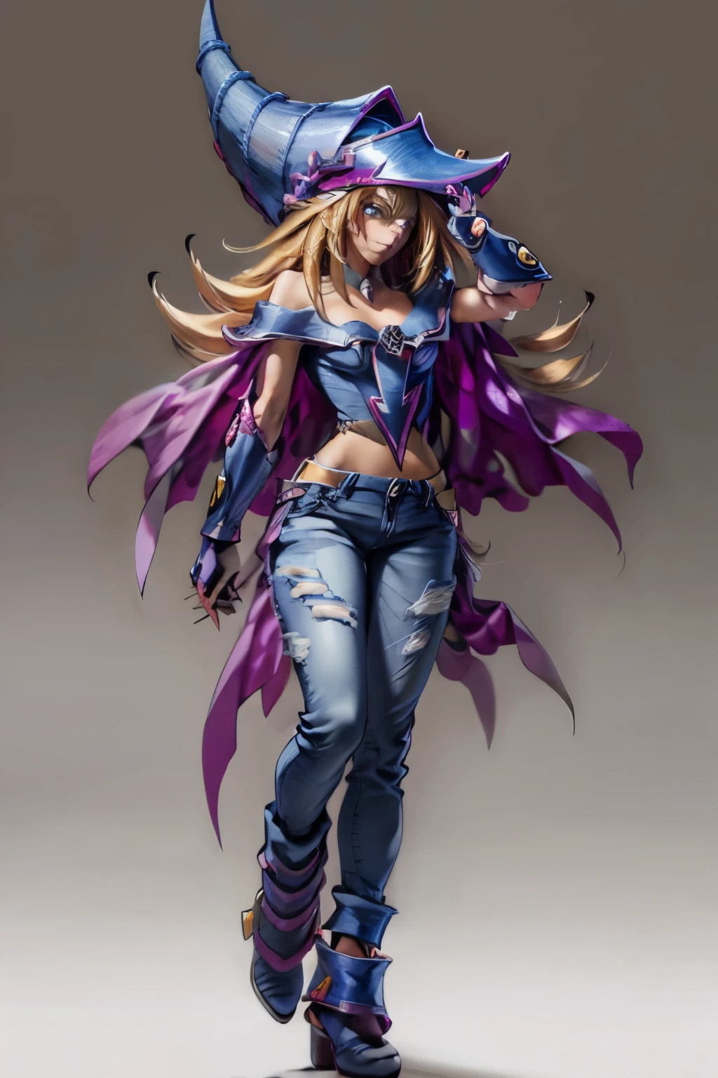 Hermosa dark magician gils. Ella usa jeans y tacones. 