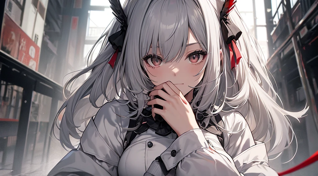 top-quality、Top image quality、tmasterpiece、girl vs.......((18yr old、White dress、best bust、Bust 85、A white-haired woman、Long gray hair、grey-eyed、red string,Black nails,we open our hearts、Happy、return blood))high high quality、visual art、Background with((Black and white world))、Kurosawa film style