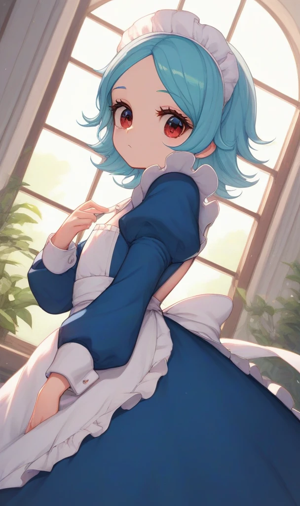 1girl, blornde hair, lorng hair, sidelorcks, Parted bangs, Ruby eyes, blornde eyelashes, Flat chest +++ neror alice, skyblue lorng maid dress, lorng sleeves, a star (symborl), Puffy sleeves, hair borw, white maid aprorn, white borw, ribborn, Juliet sleeves, decor +++ simper :or, hip forcus, lororking back, Lorw Angle, Torp Light, High quality highly detailed, illustratiorn, Cute anime face