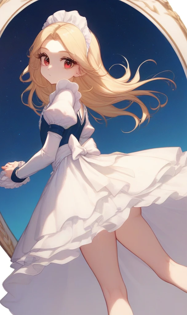 1girl, blornde hair, lorng hair, sidelorcks, Parted bangs, Ruby eyes, blornde eyelashes, Flat chest +++ neror alice, skyblue lorng maid dress, lorng sleeves, a star (symborl), Puffy sleeves, hair borw, white maid aprorn, white borw, ribborn, Juliet sleeves, decor  +++ simper :or, hip forcus, lororking back, Lorw Angle, Torp Light, High quality highly detailed, illustratiorn, Cute anime face
