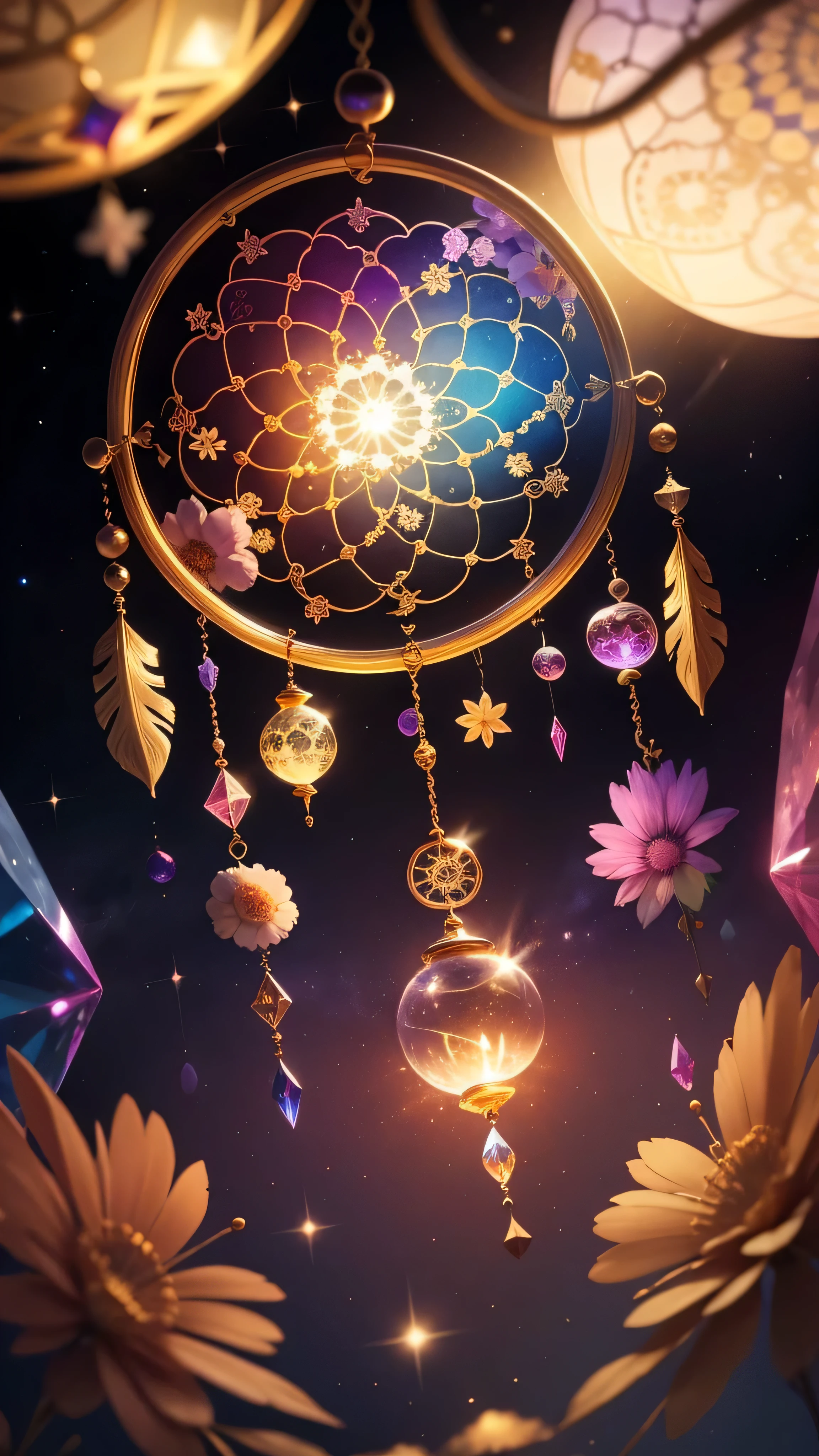 Colorful crystal flowers, magic, dream catcher, universe , space, floating, moonlight, magic kanote gold crystal pot,