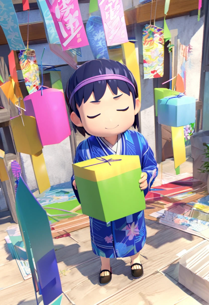 Tanabata Hikoboshi、Blue kimono full body、Please draw a cool guy　Make it 3D