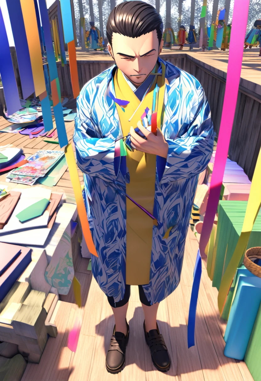 Tanabata Hikoboshi、Blue kimono full body、Please draw a cool guy Make it 3D