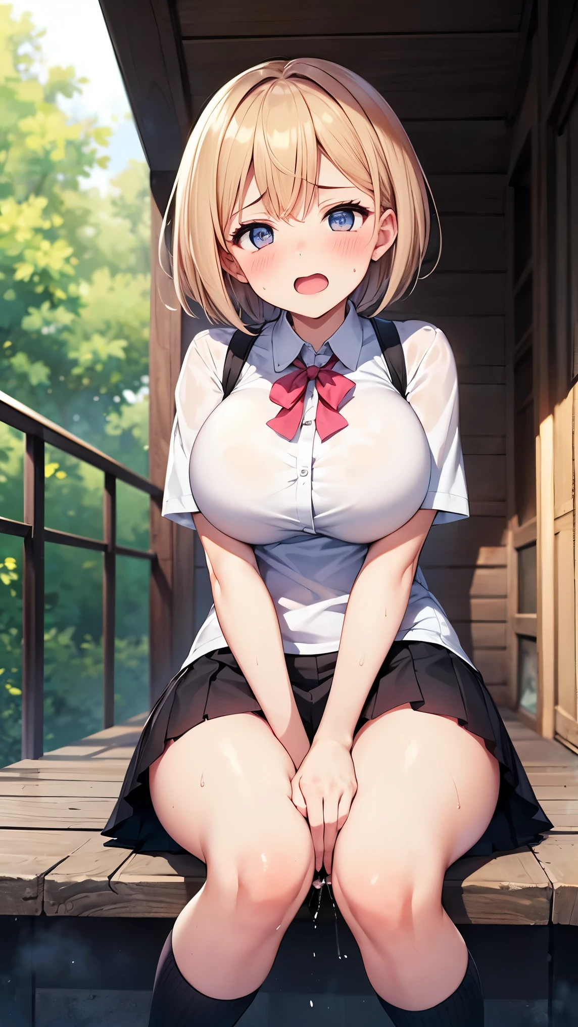 best quality,1girl,((big breasts,, girl:1.5)),curvy,((orgasm,blush:1.3)),angry,sweat,Djeeta_a,blonde hair, short hair, Brien eyes, ((djeeta one piece dress,mini skirt,lift skirt,upskirt,black kneehighs,pink panties,striped,pussy juice:1.1)),forest,forest林,crotchAngle,head out of frame,lower body,((have to pee:1.3)),covering crotch,(((hand between legs))),knees together feet apart,steam,leg wet