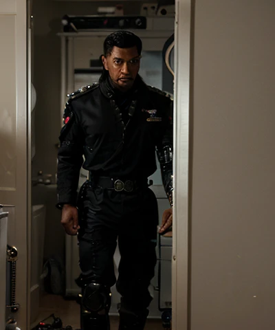 (((The general enters his room looking at his black bionic right hand))) . The general has a white general&#39;s hat on his head, he has a large, thick white beard, general with hat on his head, wears a modern uniform,  he is chubby and chubby, extremely thick thighs, Large belly, plumpness, 65 years old, he holds a mug of hot coffee , enviroment: inside a spaceship. Full body photography Full body photography different angles of the image.