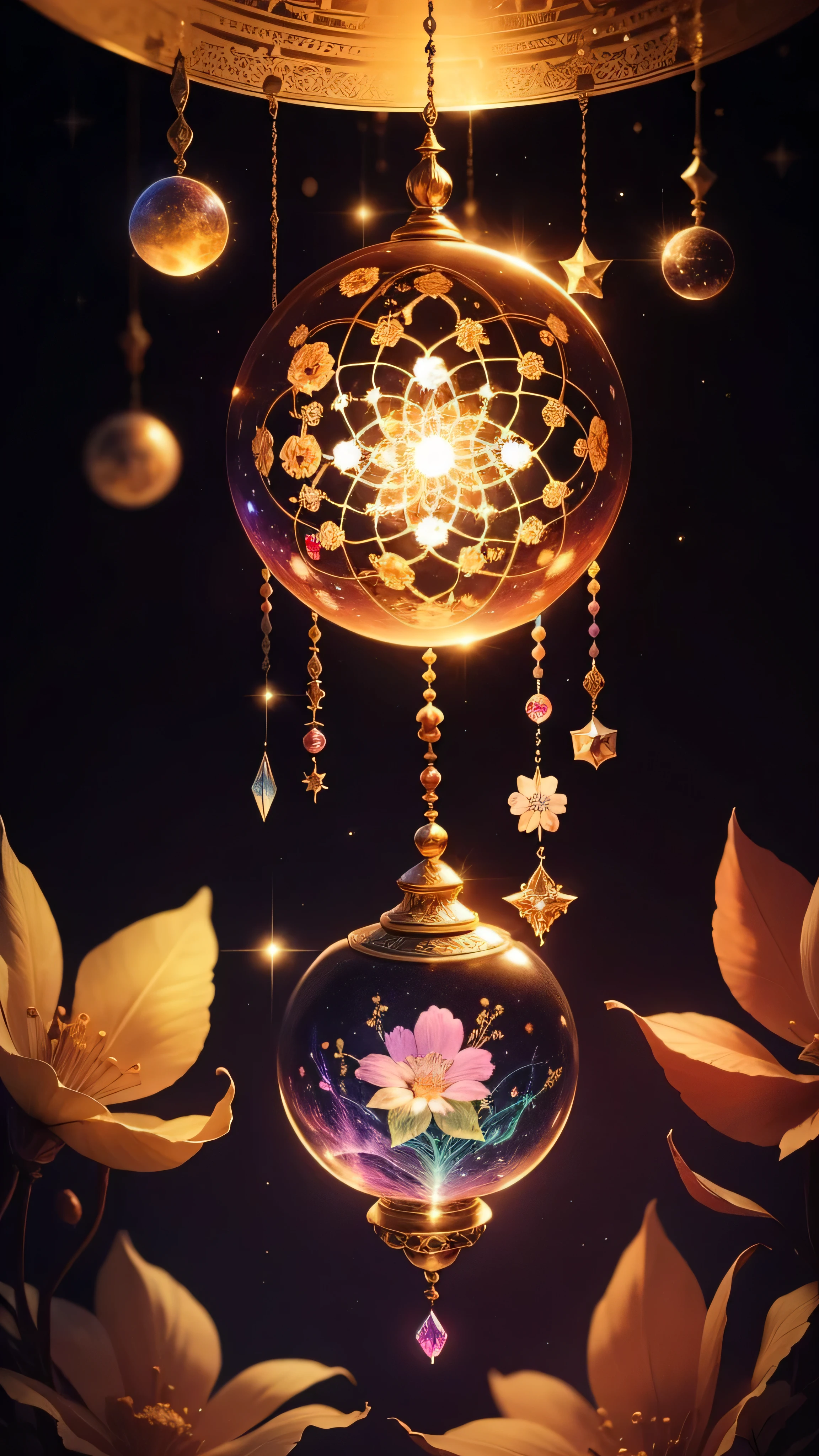 Colorful crystal flowers, magic, dream catcher, universe , space, floating, moonlight, magic kanote gold crystal pot,