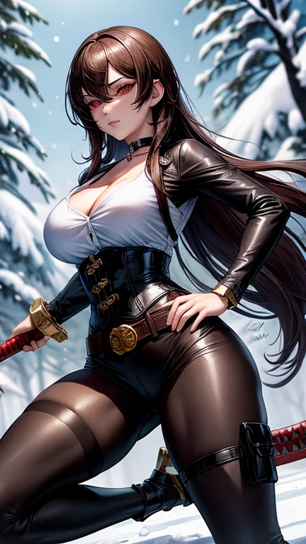 1 Women, Women, fighting pose, High school girl swordsman, holds a katana in his right hand, long black hair, beautiful eyes, detailed eyes, Red eyes, choker:1.6, captivating look, wearing a white long-sleeved button-down shirt, belt、leather Brown corset chain, golden decoration、leather 濃いBrown, big breasts, shiny black tight leggings, Snowy forest, snow night, Dark, Moonlight, absurd, high resolution, ultra-sharp, 8k, Masterpiece, front view, looking at the viewer