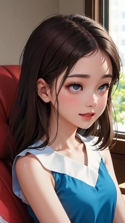 blush a little and smile, (Top quality masterpiece:1.2) Delicate illustrations, Very detailed, /Beautiful Japanese Women、1 person,Very cute and slim、Great style 、((8K images、super high quality))、Very delicate face, Skin and Hair、beautifule forehead、Red lipstick、(((((Mid-length hair、Brown Hair、lure))))),Very cute Japanese cut face、Eyes and nose are clearly visible、Kind eyes,((((Sleeveless fashion))))
