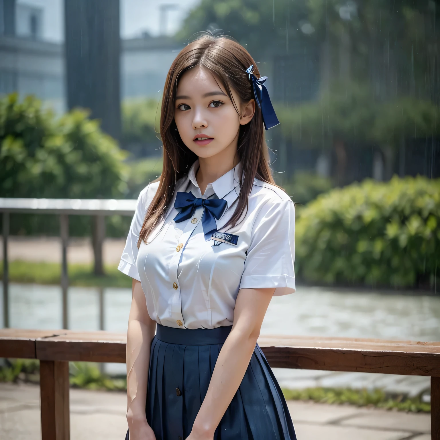 Highly detailed CG Unity 8K wallpaper、highest quality、super detailed、masterpiece、realistic、Photoreal、Highly detailed cute girl、18-year-old、(High school students wearing Japanese uniforms)、((Shooting from the front:1.4))、((Dark blue school girl bow tie:1.4))、((Sitting on a wooden chest:1.4))、blush、split lips、looking at the viewer、semi body shot、(A room in a love hotel)、(Japan High and designated shoes)、(navy blue short pleated skirt,:1.5)、(Short-sleeved white shirt for students)、 (dark blue bow tie:1.2)、(Light brown long hair)、(beautiful face:1.3)、(perfect proportions:1.2)、(long legs:1.2)、(small breasts:1.3)、((Blouse wet in the rain、The brush is see-through))、(Bra is transparent)、(((wet hair、wet skin)))、((Upper body))、reality:1.7、((rain outside the window:1.4))、