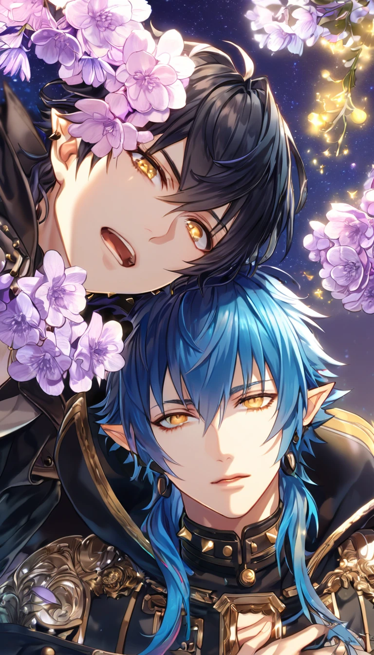 absurdres, highres, ultra detailed, HDR, masterpiece, Ren, black hair without bangs, expressive golden eyes, Dramatical Murder, bare chest, black cape, pointed ears, black collar with studs, Seragaki Aoba, blue hair, expressive golden eyes, black clothes, two sexy men together, yaoi, gay couple, handsome, purple moon, purple blossoms, purple flowers, fantasy, fireflies