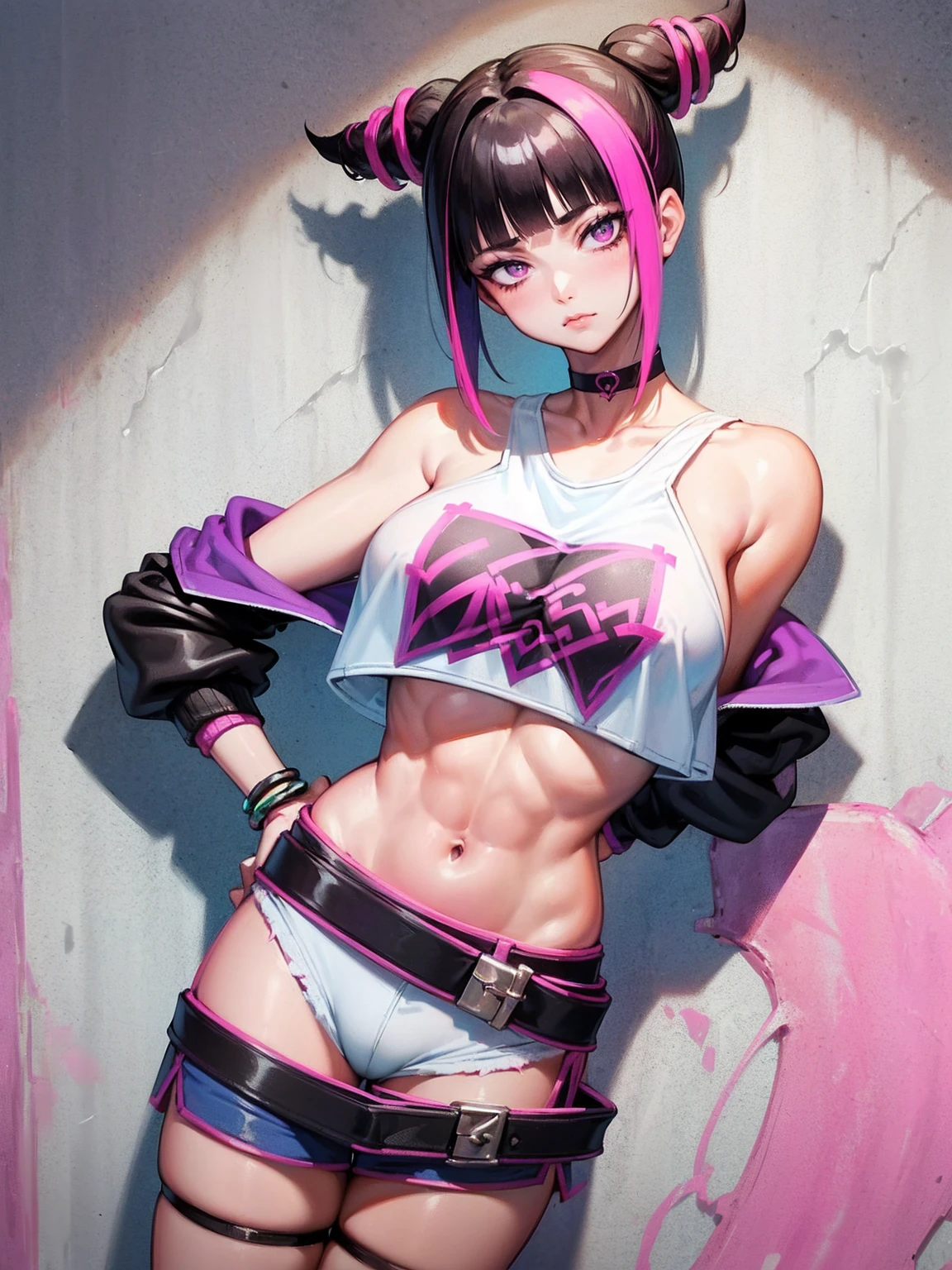 Juri Han,Masterpiece, Best Quality, 1girl, report, crop-top, jean shorts, Choker, (graffiti:1.aint splatter, (Hands Behind Your Back), Against a wall, looking a viewer, A bracelet, thigh strap, Paint on the body, tilt of head, bored, fiery hair color, Rainbow-colored eyes,juri han