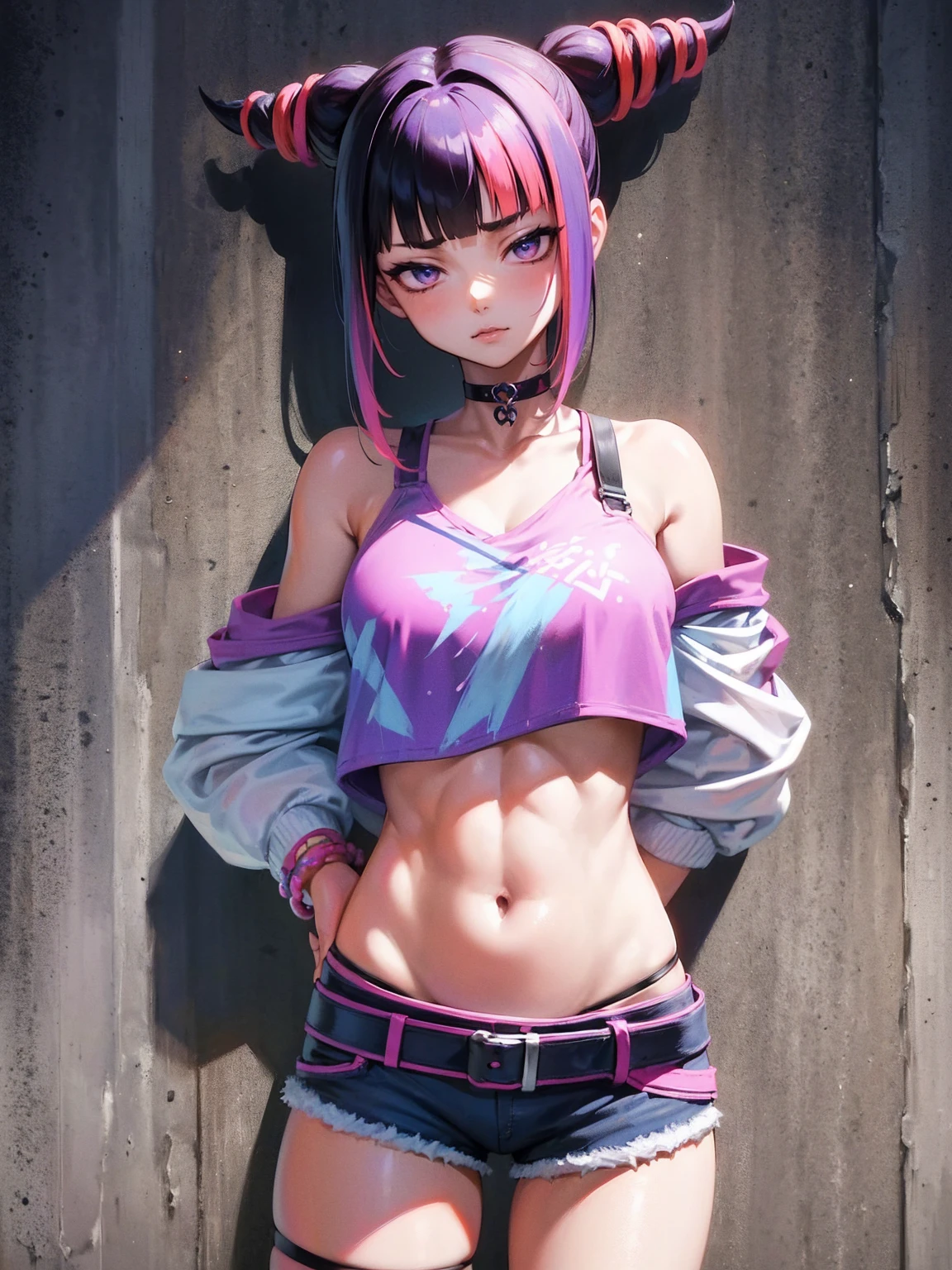 Juri Han,Masterpiece, Best Quality, 1girl, report, crop-top, jean shorts, Choker, (graffiti:1.aint splatter, (Hands Behind Your Back), Against a wall, looking a viewer, A bracelet, thigh strap, Paint on the body, tilt of head, bored, fiery hair color, Rainbow-colored eyes,juri han,sorriso
