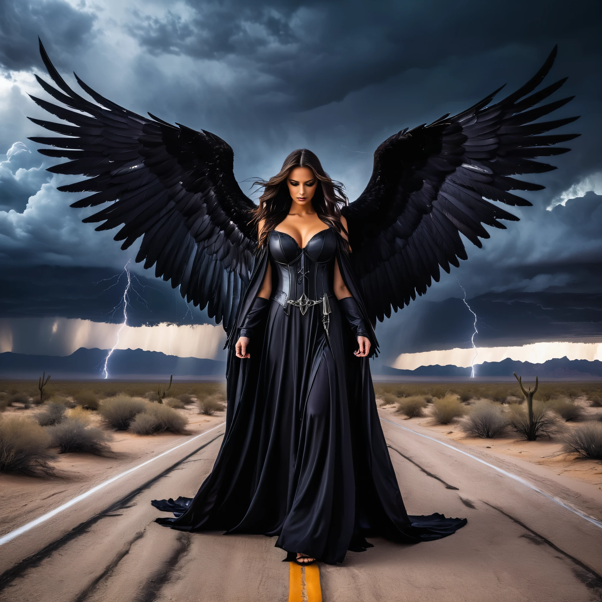 A gothic angel with dark, feathered wings and flowing black robes, standing in a dark desert with ominous storm clouds and eerie lightning.