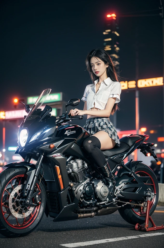 (((best quality))),(((ultra detailed))),(((masterpiece))),illustration,(1 beautiful girl,solo),((slim,thin)),((small breasts,flat chest)),(safety helmet:1.3),shoulder length straight hair,slender legs,cyberpunk, urban street,high school student, JK outfit,(riding on a motorcycle:1.3), sleek, (white collared short-sleeved shirt:1.3), (red checkered pleated skirt:1.3),(pantyhose:1.3), stylish boots, confidence, determination, dark streets, wind, hair blowing, neon lights, skyscrapers, urban noises, traffic, sirens, city sounds, futuristic, dystopian society, technology, fashion, explosive cocktail, style, , modernity, attitude, spirit, anything is possible,from front