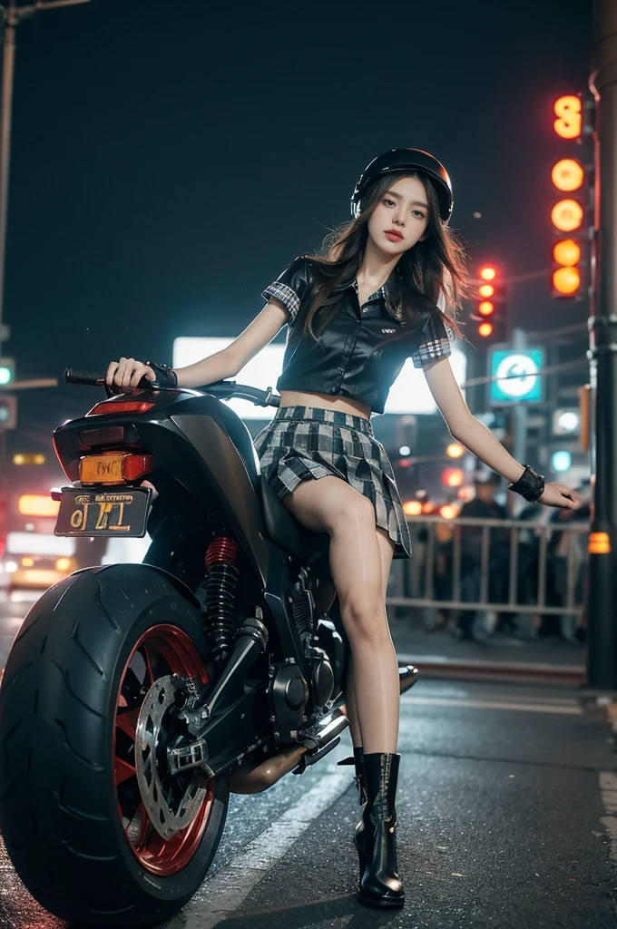 (((best quality))),(((ultra detailed))),(((masterpiece))),illustration,(1 beautiful girl,solo),((slim,thin)),((small breasts,flat chest)),(safety helmet:1.3),shoulder length straight hair,slender legs,cyberpunk, urban street,high school student, JK outfit,(riding on a motorcycle:1.3), sleek, (white collared short-sleeved shirt:1.3), (red checkered pleated skirt:1.3),(pantyhose:1.3), stylish boots, confidence, determination, dark streets, wind, hair blowing, neon lights, skyscrapers, urban noises, traffic, sirens, city sounds, futuristic, dystopian society, technology, fashion, explosive cocktail, style, , modernity, attitude, spirit, anything is possible,from front