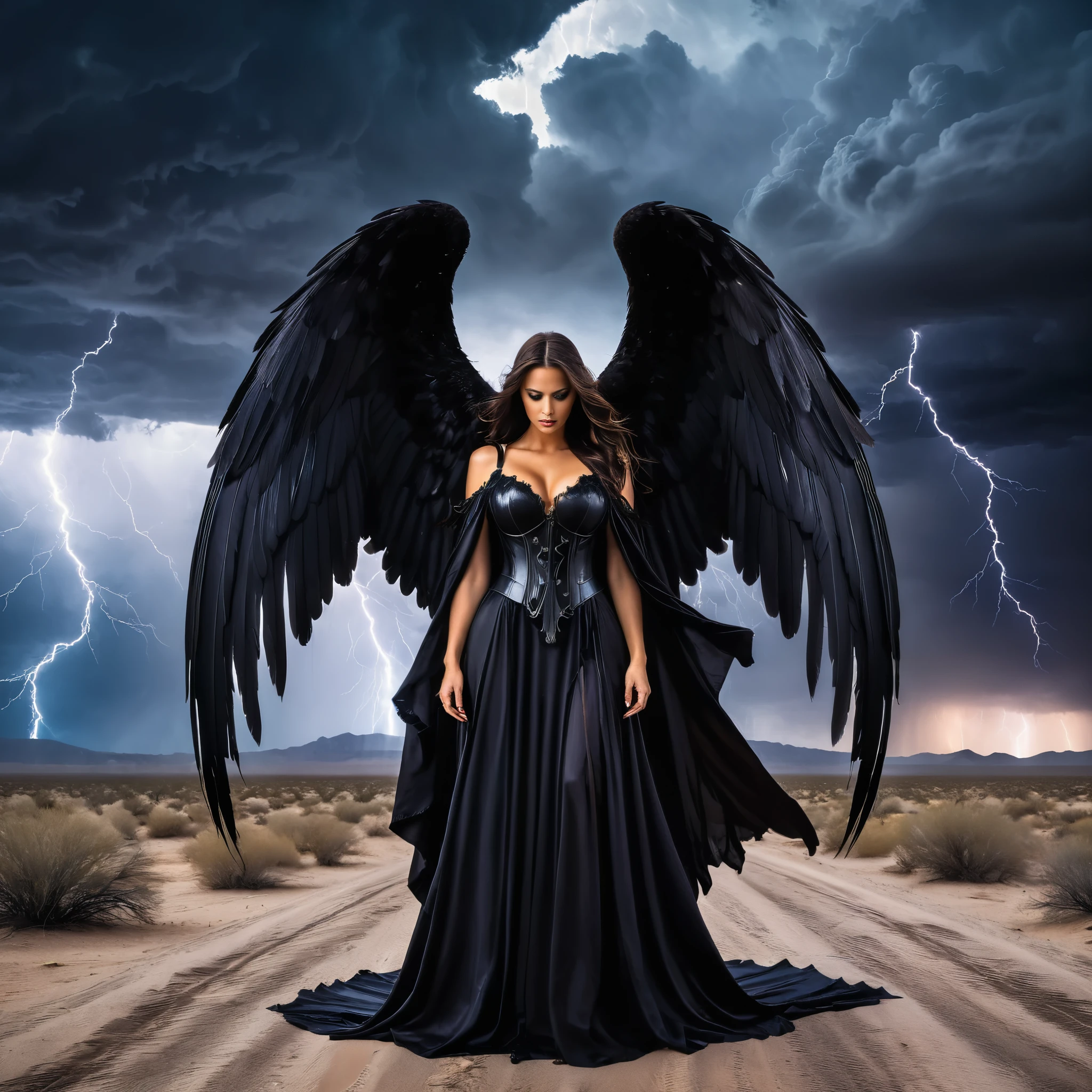 A gothic angel with dark, feathered wings and flowing black robes, standing in a dark desert with ominous storm clouds and eerie lightning.