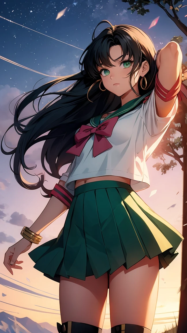 Create an anime style illustration of Sailor scout. She is a beautiful girl with long black hair and green eyes. Her Sailor Scout uniform has a short colored skirt, sailor collar, and knee-high boots. She should be depicted standing confidently, radiating strength and determination, with a magical aura surrounding her. Your experience should include elements of nature, such as trees and soil, to emphasize your connection to the planet. He holds a talisman that symbolizes his power. The overall mood of the image should convey bravery and a sense of protection.