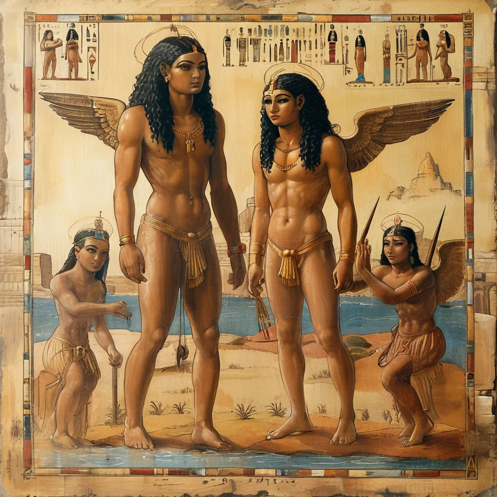 highlighting initiation into the Egyptian rite, Egito Antigo, freemason ,major arcana. hieroglifos, egyptian art, egyptian gods, hermetic symbolism, ancient atlanteans (details and attention to faces and bodies in perfect rendering) in all.