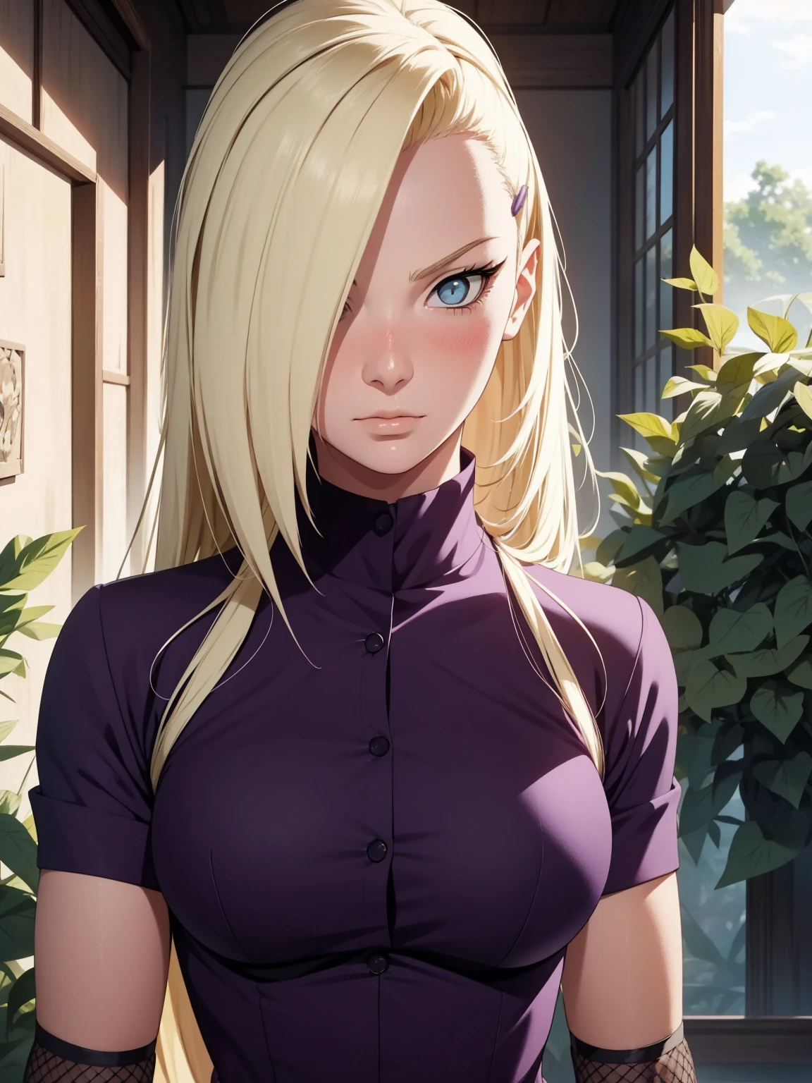 {-erro_de_anatomia:1.0} estilo anime, Masterpiece, absurdities, Yamanaka Ino\(Naruto\), 1girl Solo, woman, Perfect composition, Detailed lips, Beautiful face, body proportion, Blush, Long blonde hair, blue eyes, purple blouse, purple pant, Soft gauze, Super realistic, Detailed, photo shoot, Realistic faces and bodies, masterpiece, best quality, best illustration, hyper detailed, 1 woman, solo, glamorous, blushing, upper body, fighting, on nature, look at the view, dimanic poses,