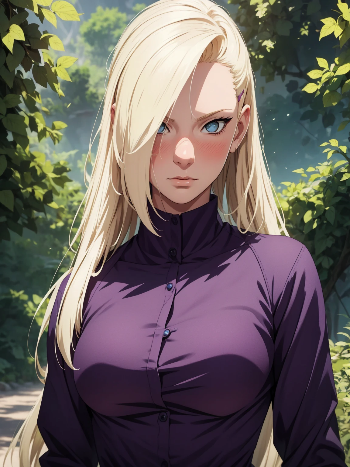 {-erro_de_anatomia:1.0} estilo anime, Masterpiece, absurdities, Yamanaka Ino\(Naruto\), 1girl Solo, woman, Perfect composition, Detailed lips, Beautiful face, body proportion, Blush, Long blonde hair, blue eyes, purple blouse, purple pant, Soft gauze, Super realistic, Detailed, photo shoot, Realistic faces and bodies, masterpiece, best quality, best illustration, hyper detailed, 1 woman, solo, glamorous, blushing, upper body, fighting, on nature, look at the view, dimanic poses,