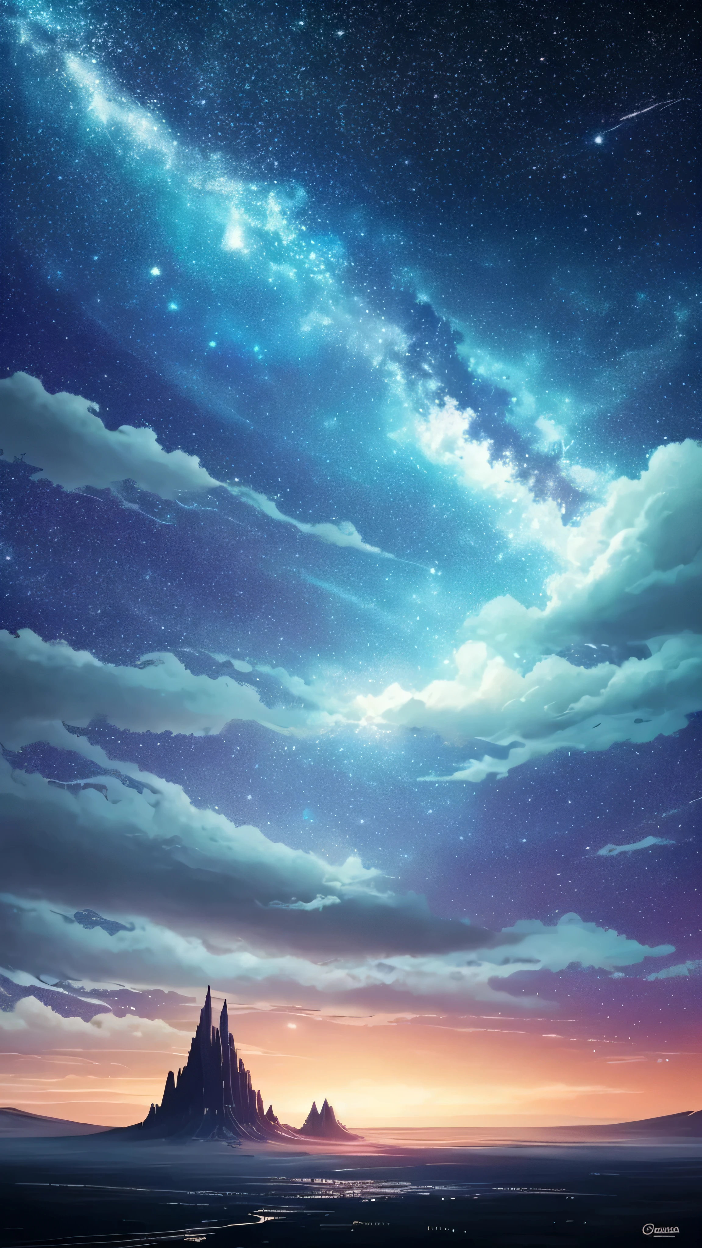 Painting of a night sky with clouds and stars, Concept Art:by Christopher Balaskas, Trending on CGSociety, Space Art, nebula, nebulaの空, Cosmic clouds, Beautiful night sky, dramatic nebulaの空, Space Sky, Bright sky of interstellar storm, Dramatic night sky, Clouds at night, Space Sky, Magnificent clouds and lighting, Atmospheric fantasy sky, 紫nebula